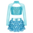 thumbnail image 1 of TiaoBug Kids Girls Sequins Jazz Hip Hop Dance Outfits Long Sleeve Cutout Crop Top Tutu Skirts Modern Performance Dancewear Lake Blue 14, 1 of 5