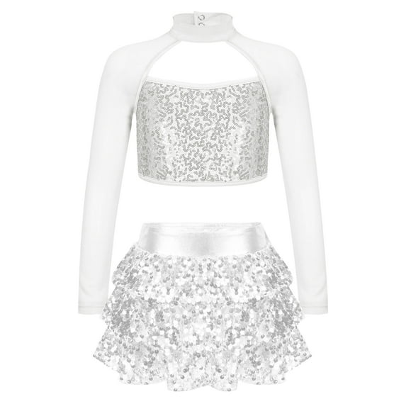 TiaoBug Kids Girls Sequins Jazz Hip Hop Dance Outfits Long Sleeve Cutout Crop Top Tutu Skirts Modern Performance Dancewear Silver 16