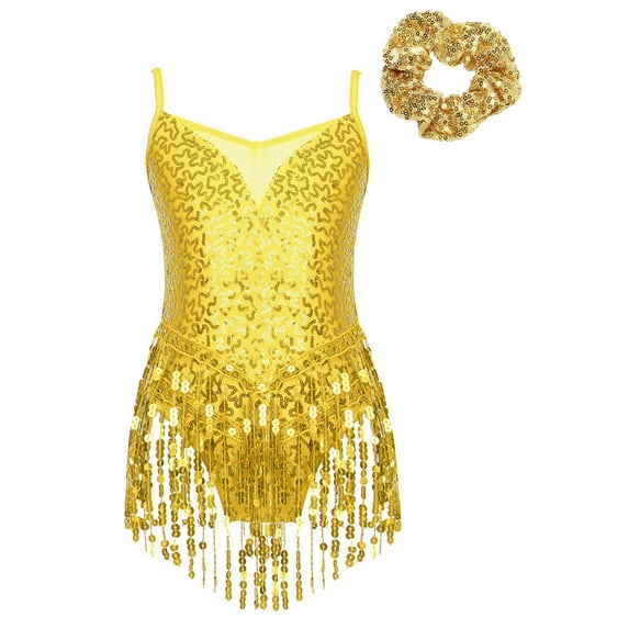 TiaoBug Kids Girls Sequins Jazz Latin Tassel Dance Dress Sleeveless Ballet Mesh Fringed Leotard with Hair Tie Gold 12