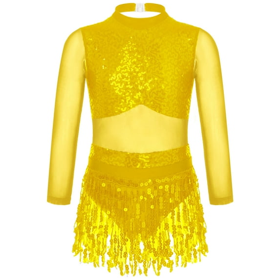 TiaoBug Kids Girls Sequins Latin Dance Leotard Tassel Dress Long Sleeve Jazz Salsa Tango Dancewear Gold 6