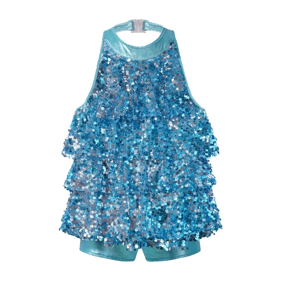 TiaoBug Kids Girls Sequins Latin Jazz Leotard Halter Tassel Mini Dress Hip Hop Dance Costume Blue 12