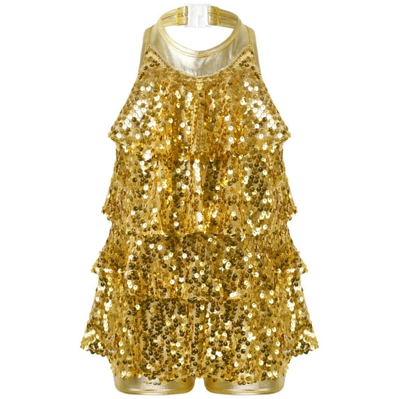 TiaoBug Kids Girls Sequins Latin Jazz Leotard Halter Tassel Mini Dress Hip Hop Dance Costume Gold 4