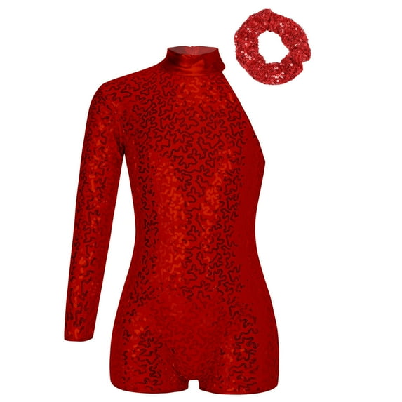 TiaoBug Kids Girls Sequins Long Sleeve Dance Leotards with Hair Tie for Hip Hop Jazz Cheer Leader Performance Red 6