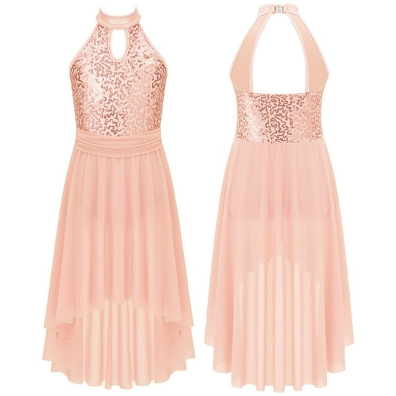 TiaoBug Kids Girls Sequins Lyrical Leotard Dance Dress Sleeveless Halter Irregular Party Gown Orange Pink 10