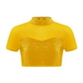 thumbnail image 1 of TiaoBug Kids Girls Sequins Mesh Splice Cutout Back Jazz Hip Hop Modern Dance Crop Tops Mock Neck Tee Blouse Gold 14, 1 of 5
