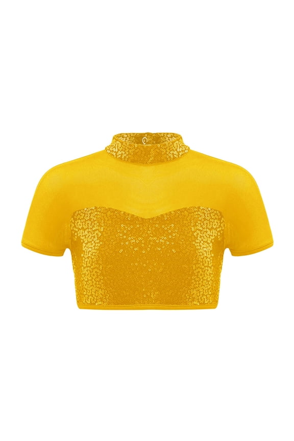 Kids Girls Sequins Mesh Splice Cutout Back Jazz Hip Hop Modern Dance Crop Tops Mock Neck Tee Blouse Gold 4