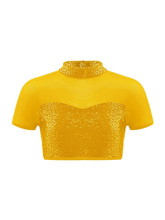 Kids Girls Sequins Mesh Splice Cutout Back Jazz Hip Hop Modern Dance Crop Tops Mock Neck Tee Blouse Gold 6