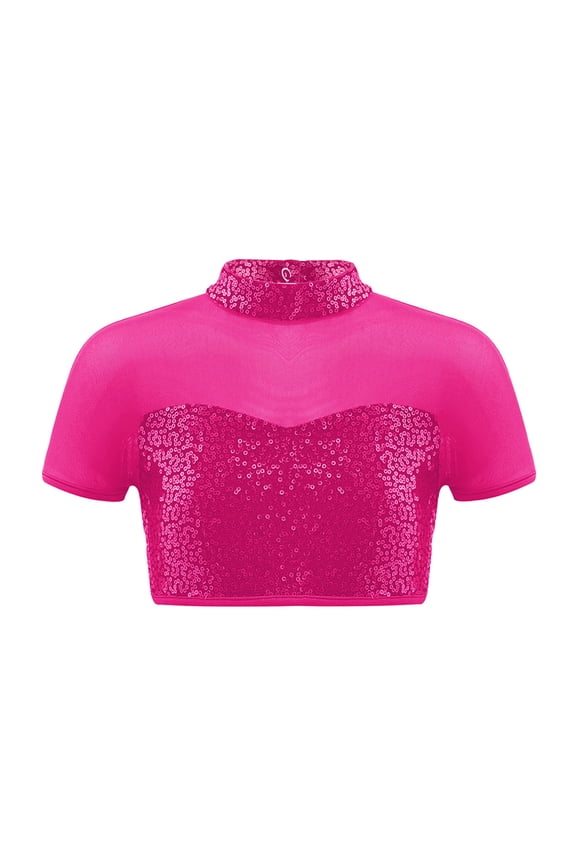 Kids Girls Sequins Mesh Splice Cutout Back Jazz Hip Hop Modern Dance Crop Tops Mock Neck Tee Blouse Hot Pink 12
