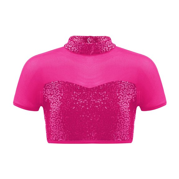 TiaoBug Kids Girls Sequins Mesh Splice Cutout Back Jazz Hip Hop Modern Dance Crop Tops Mock Neck Tee Blouse Hot Pink 12