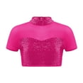 thumbnail image 1 of TiaoBug Kids Girls Sequins Mesh Splice Cutout Back Jazz Hip Hop Modern Dance Crop Tops Mock Neck Tee Blouse Hot Pink 6, 1 of 5