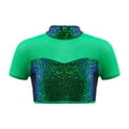 thumbnail image 1 of TiaoBug Kids Girls Sequins Mesh Splice Cutout Back Jazz Hip Hop Modern Dance Crop Tops Mock Neck Tee Blouse Turquoise 4, 1 of 5