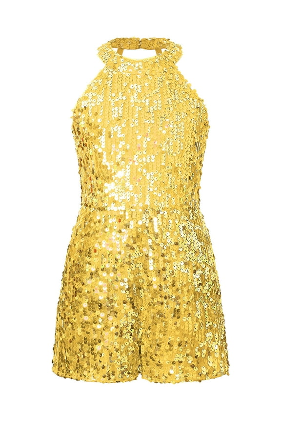 Kids Girls Sequins Sleeveless Ballet Dance Leotard Halter Jazz Romper Ballroom Dancewear Gold 6