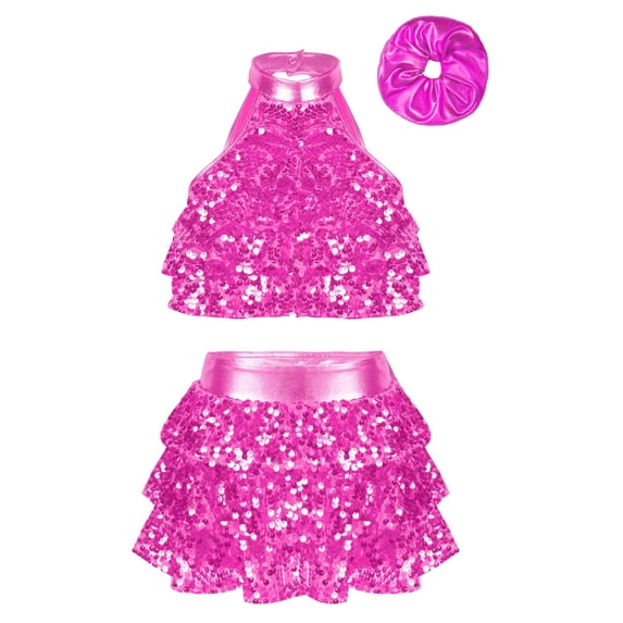 TiaoBug Kids Girls Sequins Sleeveless Crop Top with Ruffle Tutu Skirt Hair Band Set Latin Jazz Salsa Ballet Dance Costume Hot Pink 7-8