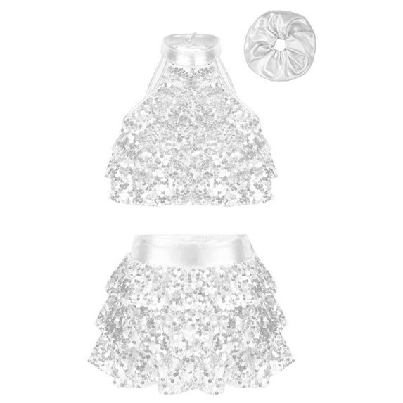 TiaoBug Kids Girls Sequins Sleeveless Crop Top with Ruffle Tutu Skirt Hair Band Set Latin Jazz Salsa Ballet Dance Costume Silver 3-4