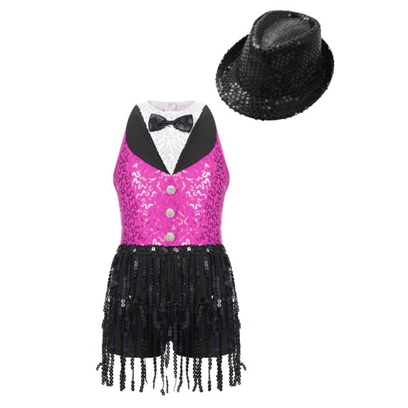 TiaoBug Kids Girls Sequins Tassel Hem Jumpsuit Latin Jazz Ballet Sleeveless Leotard Dress with Hat Set Hot Pink&Black 12