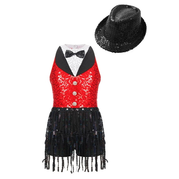 TiaoBug Kids Girls Sequins Tassel Hem Jumpsuit Latin Jazz Ballet Sleeveless Leotard Dress with Hat Set Red&Black 12