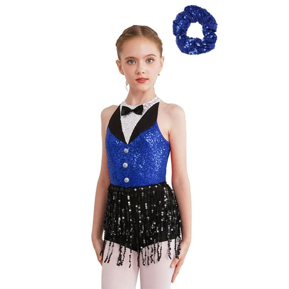TiaoBug Kids Girls Sequins Tassel Latin Jazz Leotard Tango Rumba Samba Salsa Dance Dress with Hair Band Blue 12