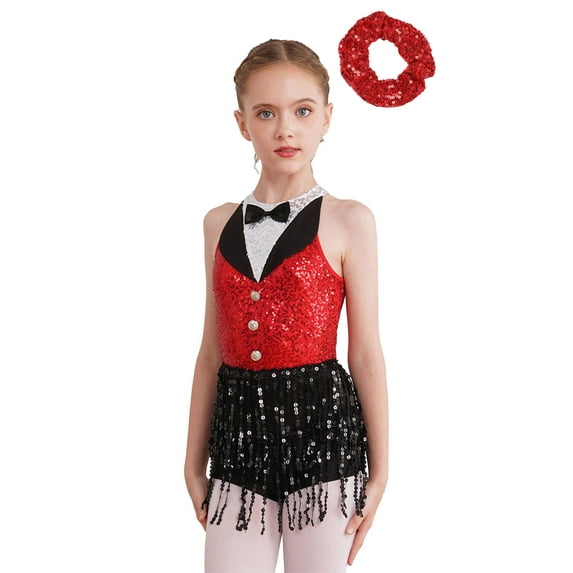 TiaoBug Kids Girls Sequins Tassel Latin Jazz Leotard Tango Rumba Samba Salsa Dance Dress with Hair Band Red 6