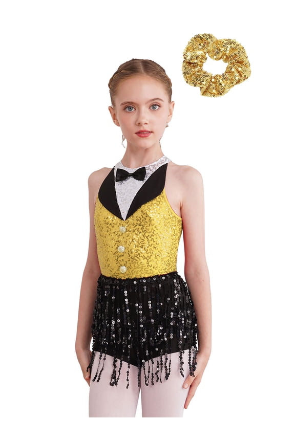 Kids Girls Sequins Tassel Latin Jazz Leotard Tango Rumba Samba Salsa Dance Dress with Hair Band Yellow 8