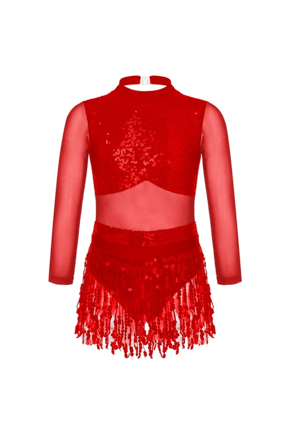 Kids Girls Sequins Latin Dance Leotard Tassel Dress Long Sleeve Jazz Salsa Tango Dancewear A Red 6