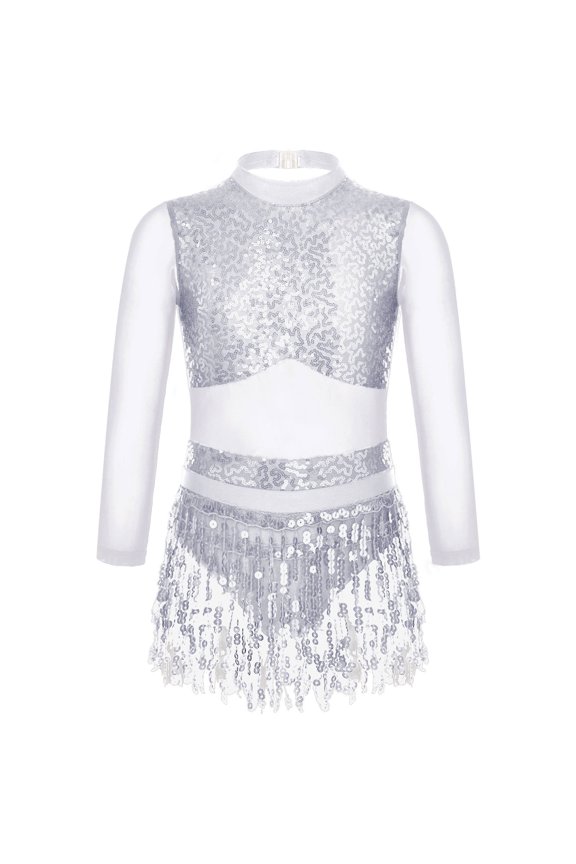 Kids Girls Sequins Latin Dance Leotard Tassel Dress Long Sleeve Jazz Salsa Tango Dancewear Silver 8
