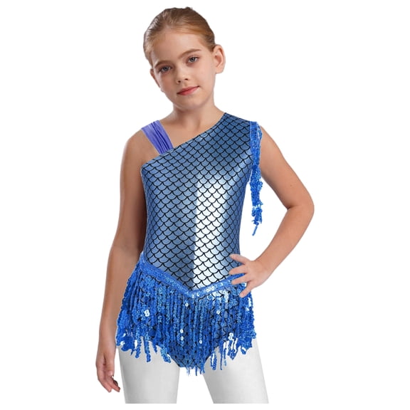 TiaoBug Kids Girls Sequins Tassels Gymnastics Leotards Ballet Modern Jazz Latin Dance Bodysuit Dancewear Top Blue 6