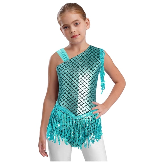 TiaoBug Kids Girls Sequins Tassels Gymnastics Leotards Ballet Modern Jazz Latin Dance Bodysuit Dancewear Top Blue Green 8