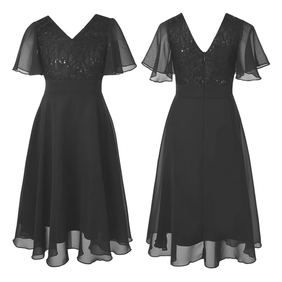 TiaoBug Kids Girls Sequins V Neck Bridesmaid Dress A-Line Pleated Chiffon Dresses