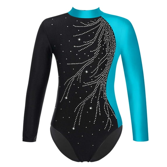 TiaoBug Kids Girls Shiny Ballet Dance Leotard Gymnastics Bodysuit Long Sleeve Ice Skating Jumpsuit A Lake Blue 12