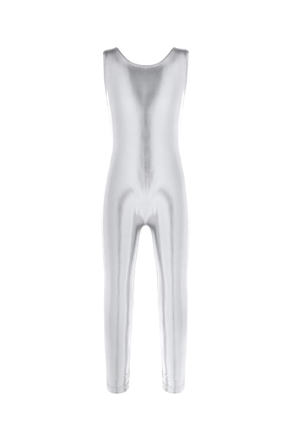 Kids Girls Shiny Ballet Dance Leotard Gymnastics Full Length Jumpsuit Unitard 3-14 Silver 12-14