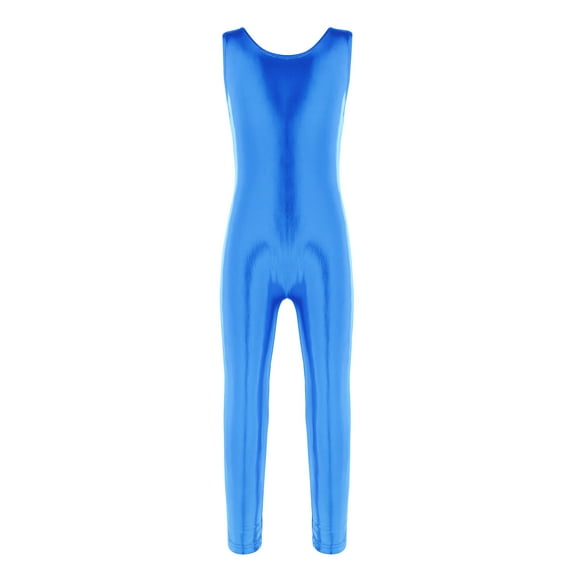 TiaoBug Kids Girls Shiny Ballet Dance Leotard Gymnastics Full Length Jumpsuit Unitard 3-14 Blue 8-10