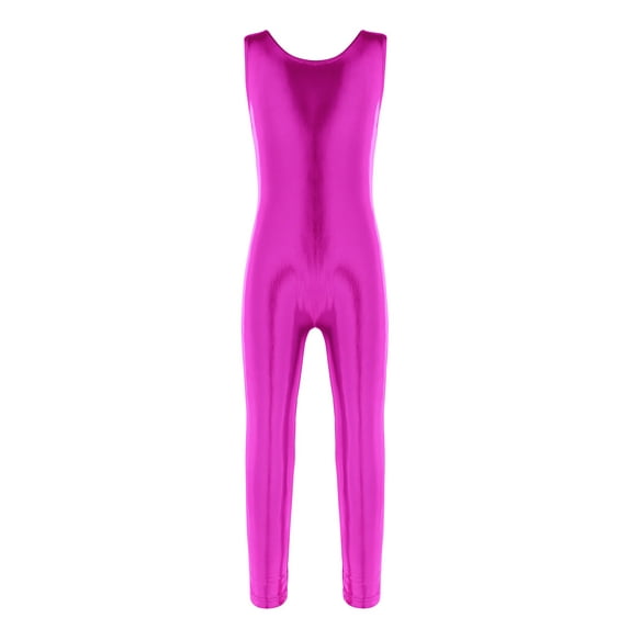 TiaoBug Kids Girls Shiny Ballet Dance Leotard Gymnastics Full Length Jumpsuit Unitard 3-14 Rose 12-14
