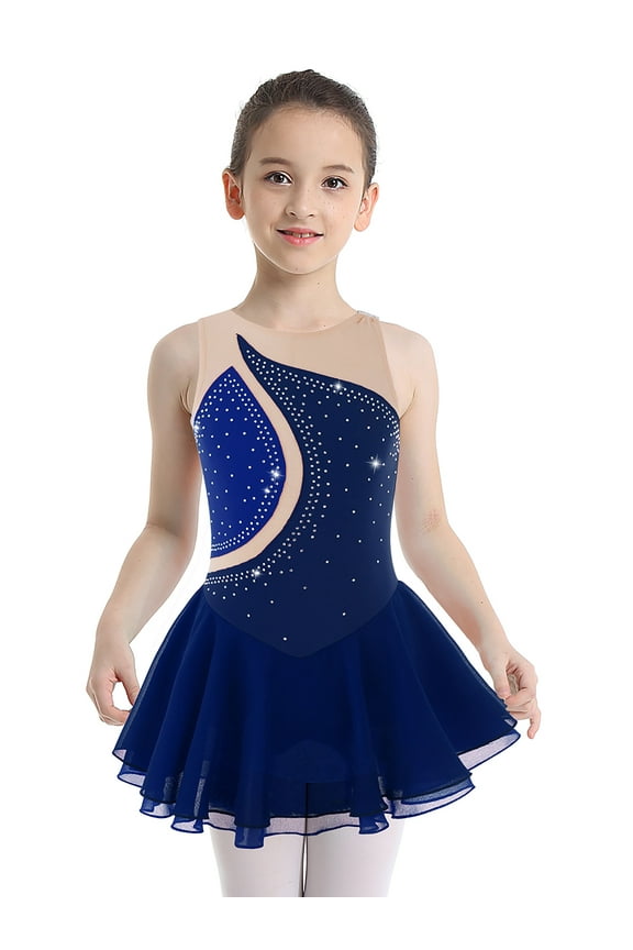 Kids Girls Shiny Ballet Dress Figure Ice Skating Dresses Lyrical Dancewear 6-14 A Dark Blue 12
