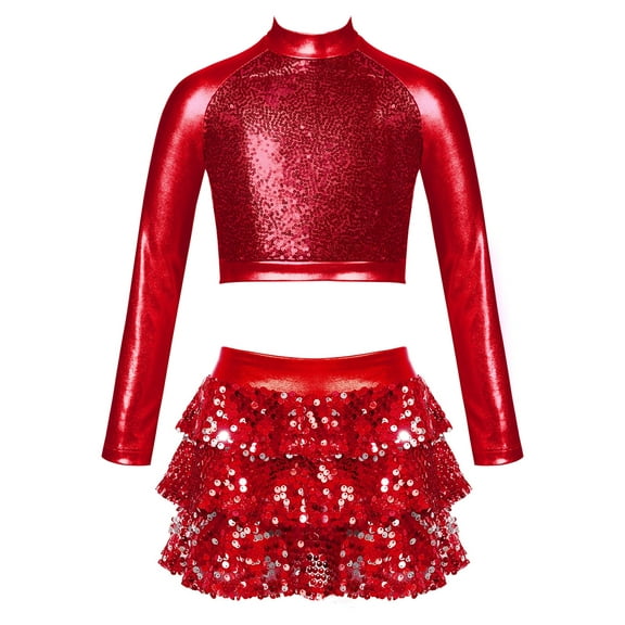 TiaoBug Kids Girls Shiny Ballet Jazz Dance Skirts Outfits Long Sleeve Metallic Crop Top with Tassel Skirted Set Red 16