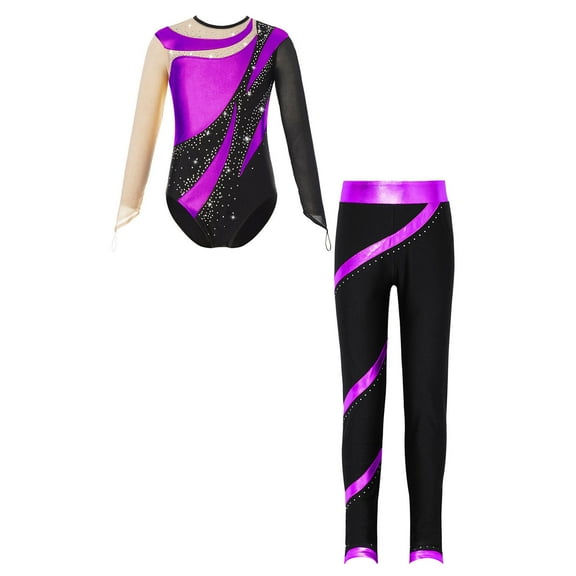 TiaoBug Kids Girls Shiny Diamond Gymnastics Leotard Skating Jumpsuit with Pants Performance Outfits Purple 10