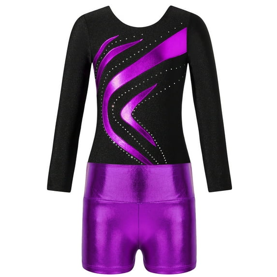 TiaoBug Kids Girls Shiny Diamonds Long Sleeve Gymnastics Ballet Dance Leotard with Shorts Sports Workout Outfits Purple 10