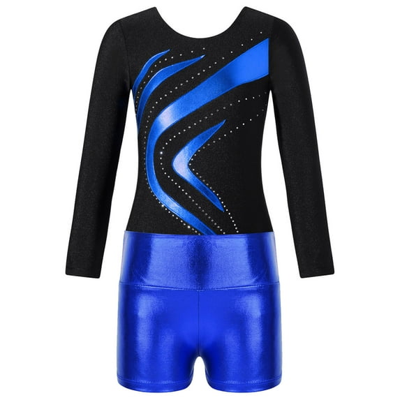 TiaoBug Kids Girls Shiny Diamonds Long Sleeve Gymnastics Ballet Dance Leotard with Shorts Sports Workout Outfits Royal Blue 6