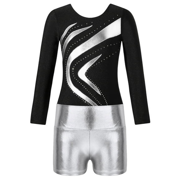 TiaoBug Kids Girls Shiny Diamonds Long Sleeve Gymnastics Ballet Dance Leotard with Shorts Sports Workout Outfits Silver 6