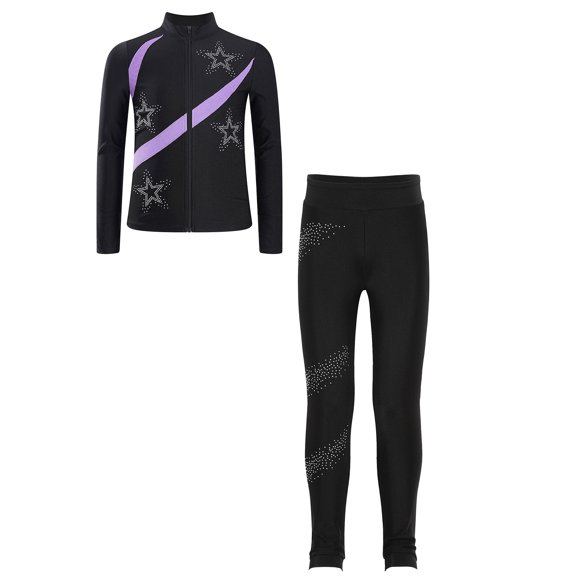 TiaoBug Kids Girls Shiny Figure Ice Skating Long Sleeve Jacket with Gymnastics Leggings Set Light Purple 6