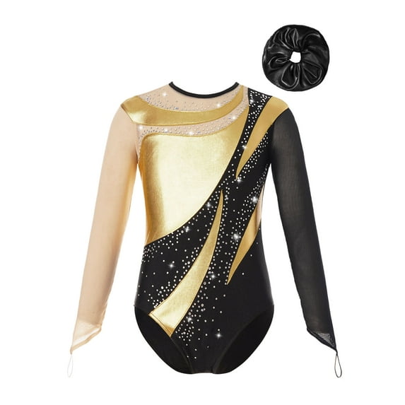 TiaoBug Kids Girls Shiny Long Sleeve Gymnastics Dance Leotard Bodysuit with Hair Band Figure Skating Costume Gold&Black 10