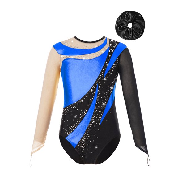 TiaoBug Kids Girls Shiny Long Sleeve Gymnastics Dance Leotard Bodysuit with Hair Band Figure Skating Costume Royal Blue&Black 8