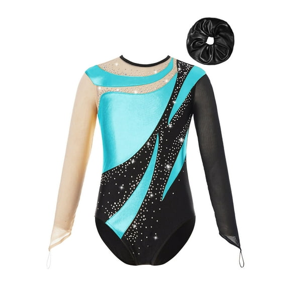 TiaoBug Kids Girls Shiny Long Sleeve Gymnastics Dance Leotard Bodysuit with Hair Band Figure Skating Costume Turquoise&Black 10