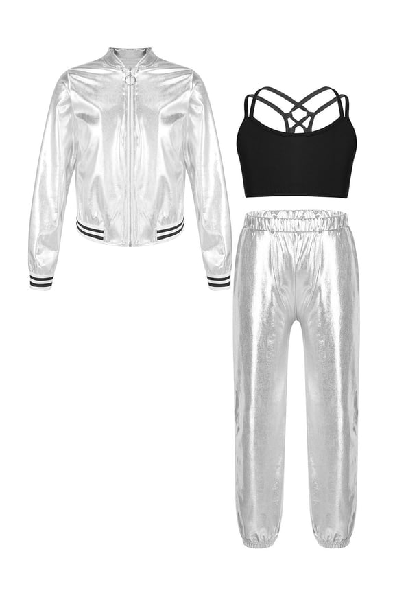 Kids Girls Shiny Metallic Bomber Jacket Coat Sports Pants Hip Hop Jazz Dance Crop Top Silver 8