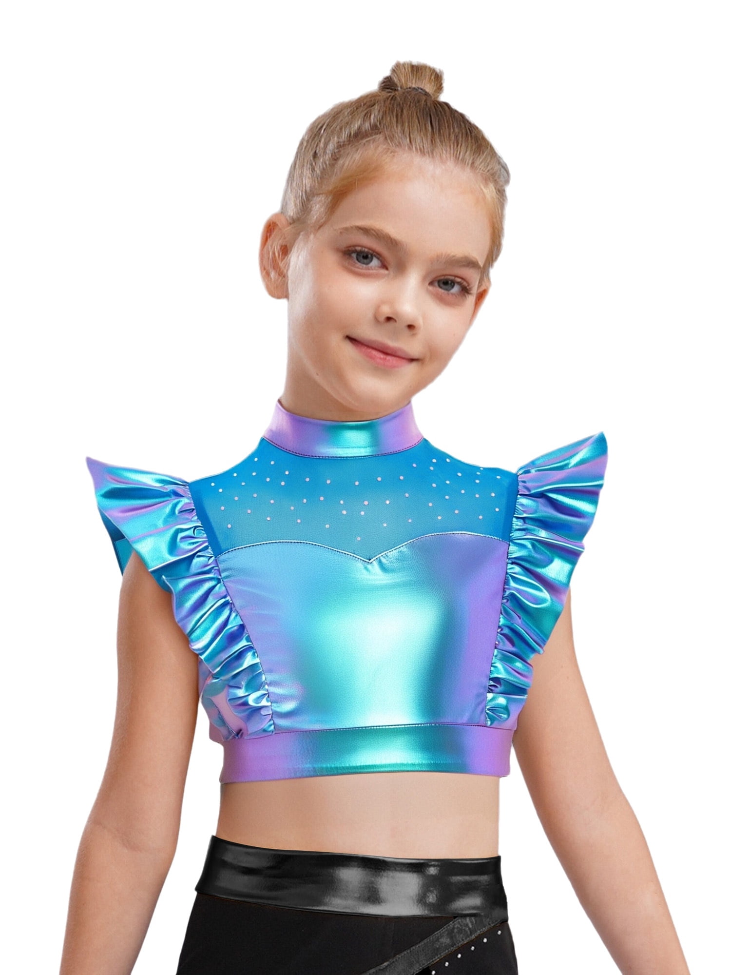 TiaoBug Kids Girls Shiny Metallic Crop Top Jazz Dance Shirts Hip