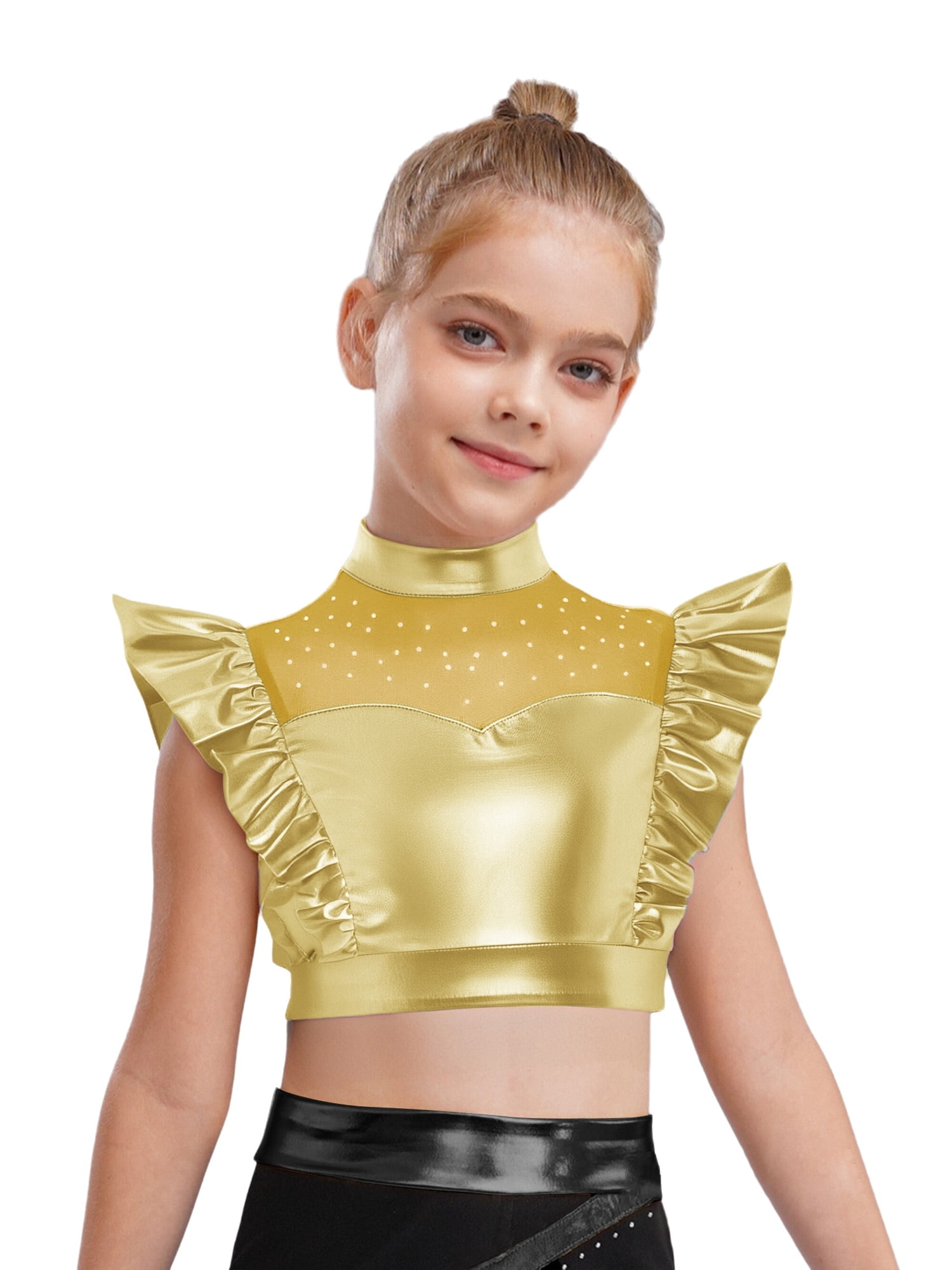 TiaoBug Kids Girls Shiny Metallic Crop Top Jazz Dance Shirts Hip