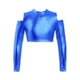 thumbnail image 1 of TiaoBug Kids Girls Shiny Metallic Crop Top Long Sleeve Off Shoulder Jazz Hip Hop Leotard Dance Shirt Royal Blue 10, 1 of 5