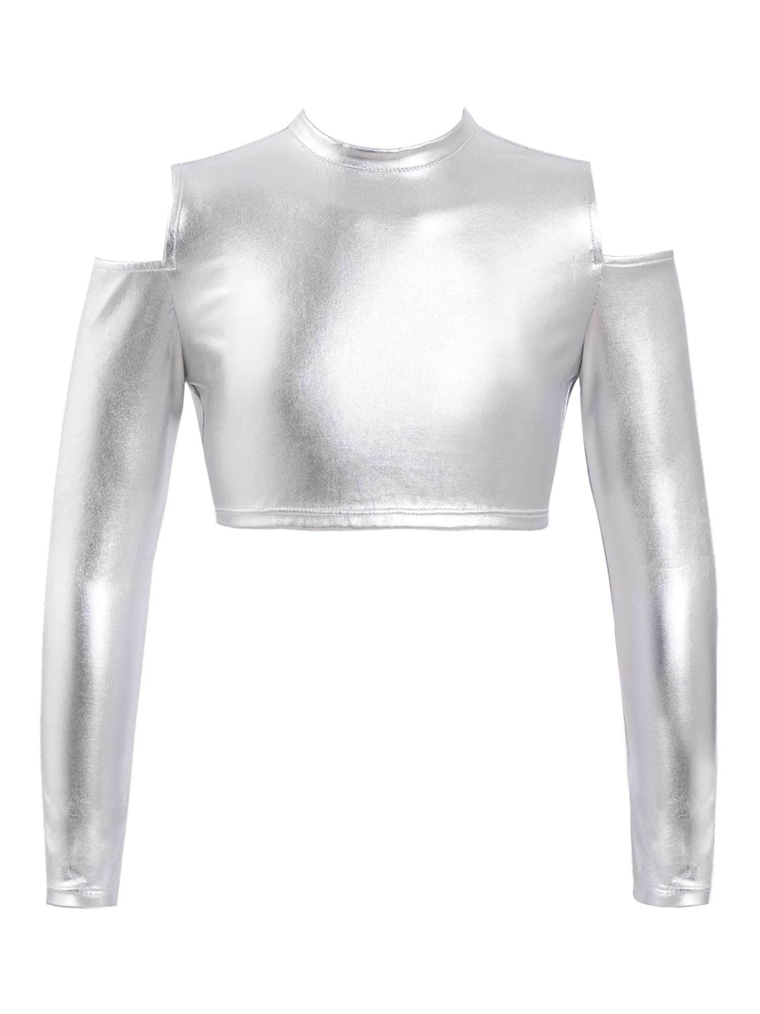 TiaoBug Kids Girls Shiny Metallic Crop Top Long Sleeve Off