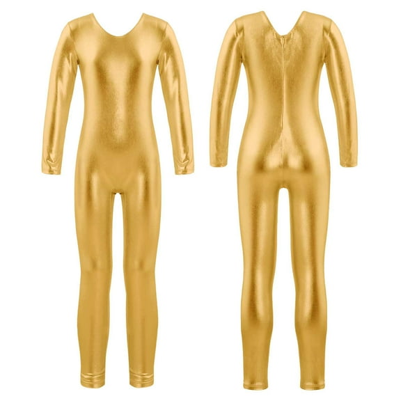 TiaoBug Kids Girls Shiny Metallic Full Length Bodysuit Unitard Gymnastics Leotard Dancewear