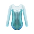 thumbnail image 1 of TiaoBug Kids Girls Shiny Metallic Mesh Patchwork Ballet Dance Leotard Long Sleeve Gymnastics Training Jumpsuit Dancewear Blue Green 10, 1 of 7