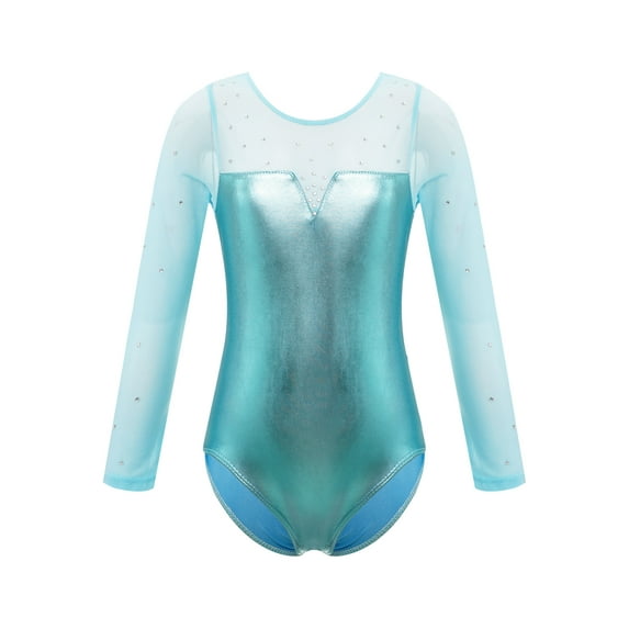 TiaoBug Kids Girls Shiny Metallic Mesh Patchwork Ballet Dance Leotard Long Sleeve Gymnastics Training Jumpsuit Dancewear Blue Green 10